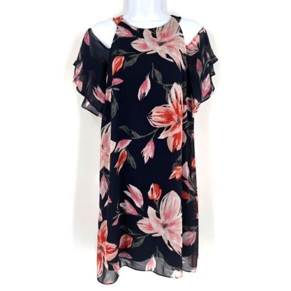 Eliza J Womens Floral Lined Chiffon Cold Shoulder‎ Shift Dress Black Pink Size 6 - Picture 1 of 14